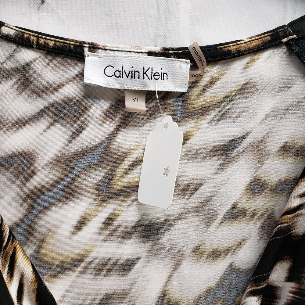 Calvin Klein XL Animal Print Cinch draw string waist Cowl Neck peplum hem blouse - Picture 7 of 8